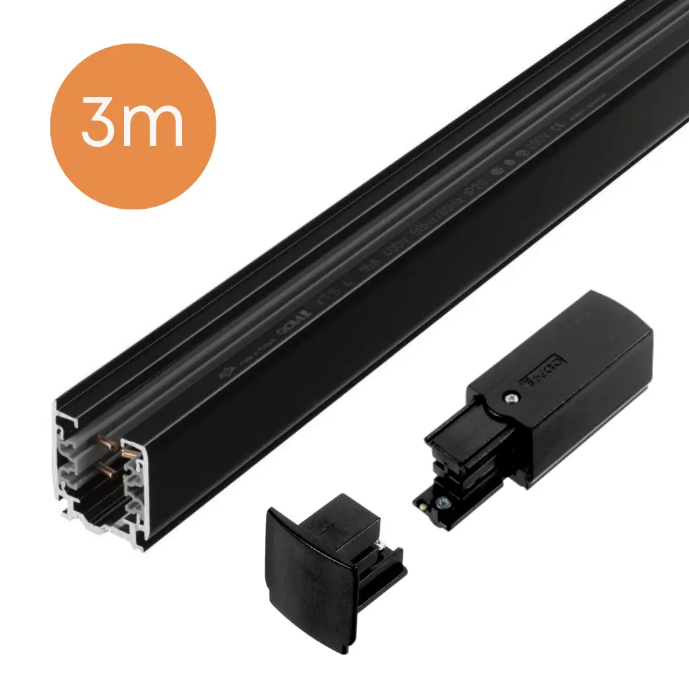3-fase spanningsrails - opbouw - 3 meter - Zwart (Inclusief eindvoeding en eindkapje)
